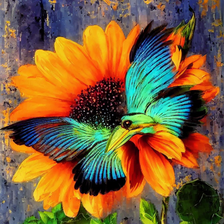 Colorful Bird and Sunflower Painting on Textured Blue Background