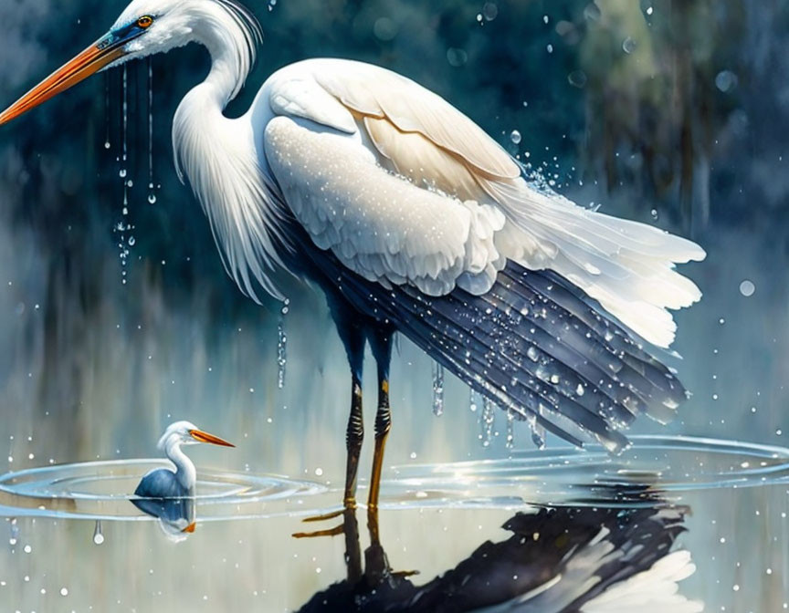 Realistic digital painting: Large heron in water with droplets, smaller heron reflection