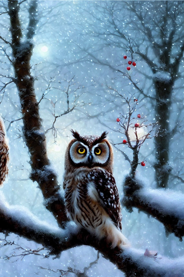 Majestic owl on snowy branch with winter berries in tranquil woodland