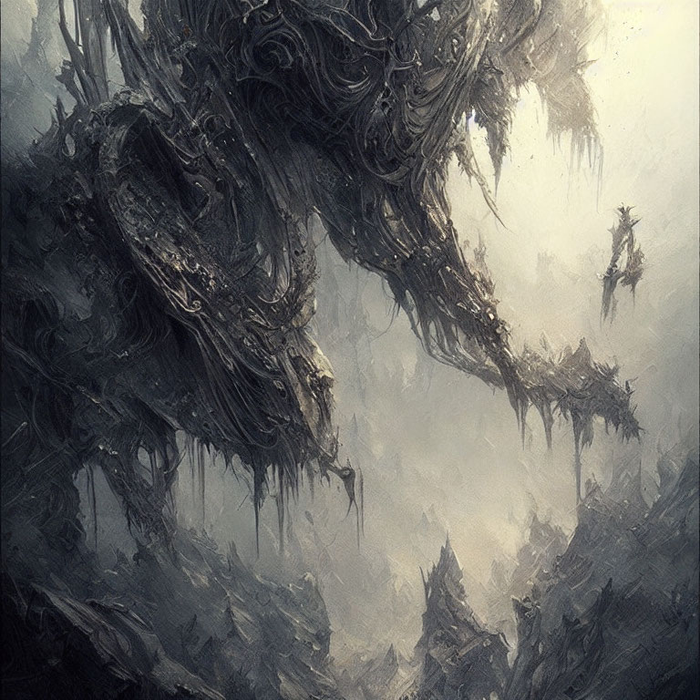 Dark fantasy landscape with twisted organic structures in misty atmosphere