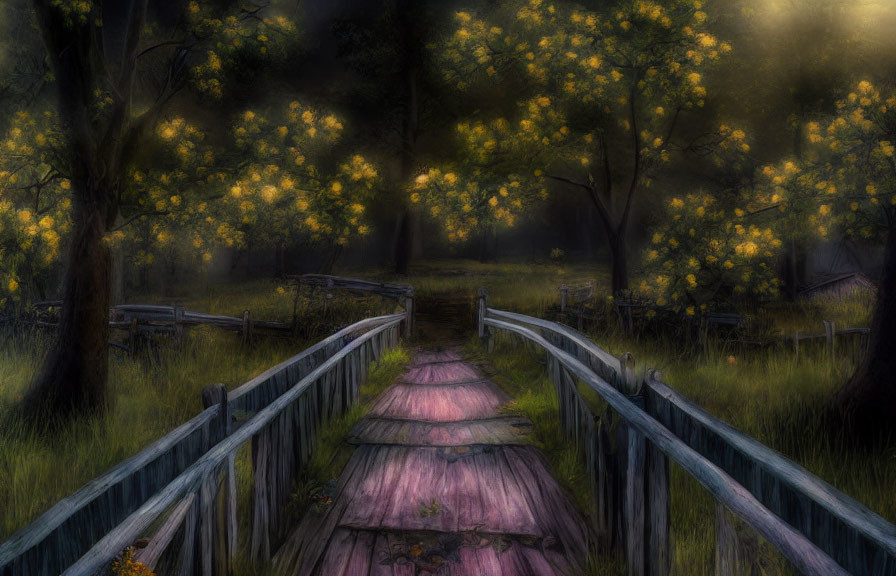 Enchanting forest path with wooden boardwalk and glowing flowers