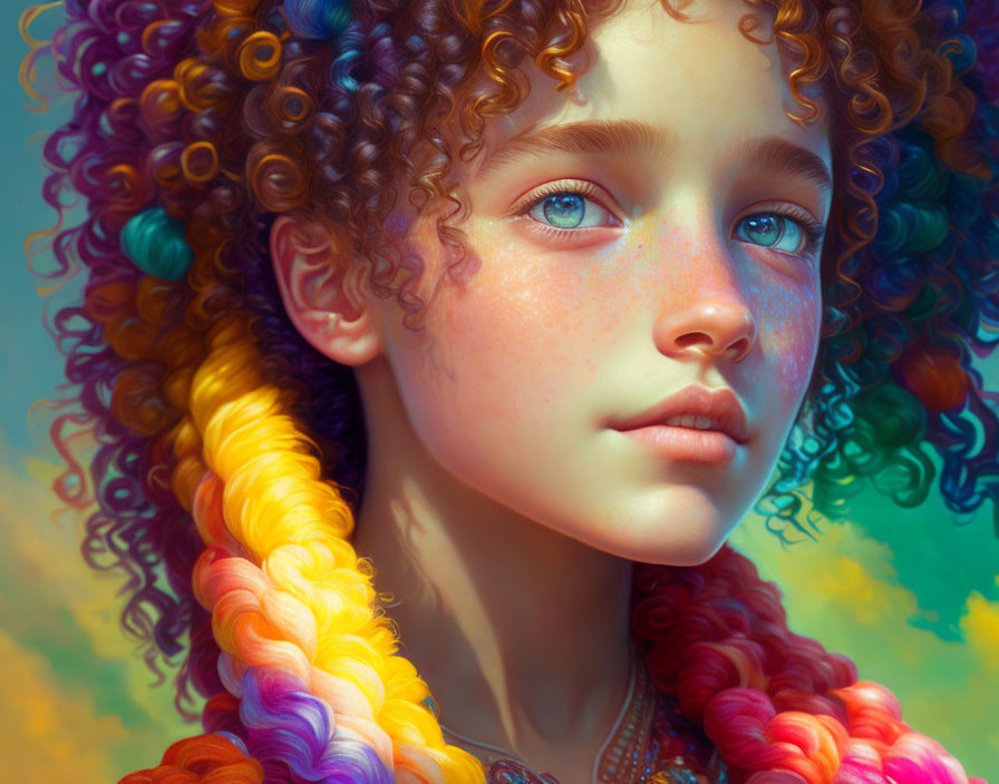 Colorful digital portrait of youth with rainbow hair and freckles