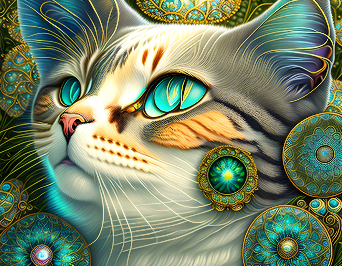 Detailed Illustration of Cat with Turquoise Eyes and Ornate Circular Patterns