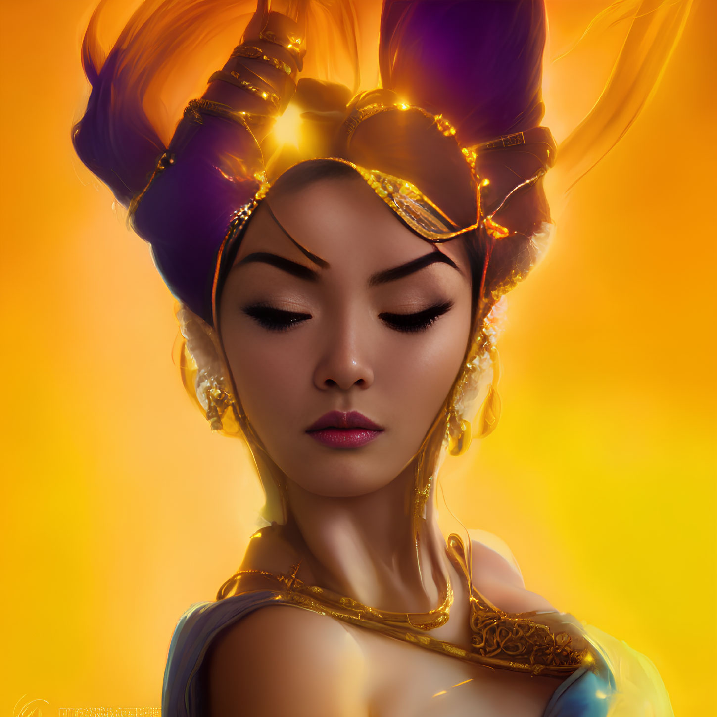 Elegant woman portrait with gold jewelry and headdress in warm light