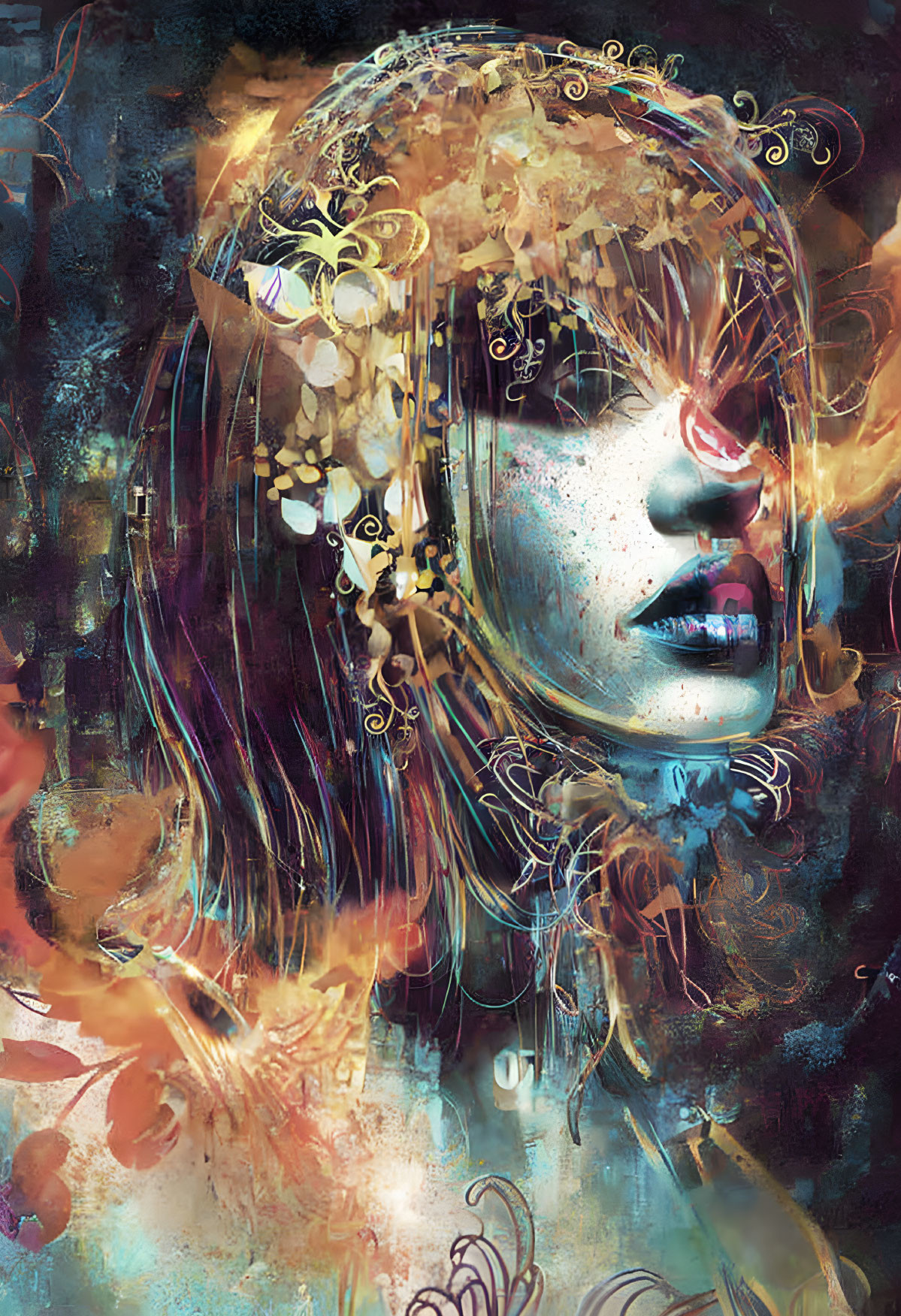 Digital artwork: Woman's face merges with abstract floral patterns in blue, gold, and red tones