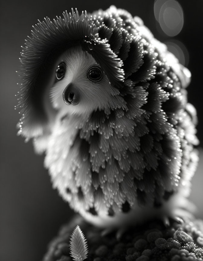 Monochrome creature with hedgehog body and dog face, adorned with dewdrops