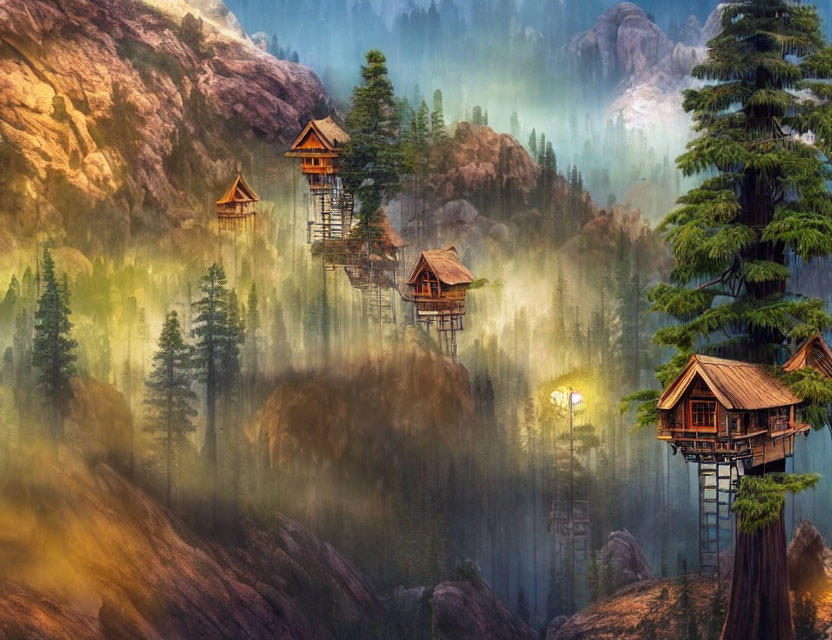 Cozy treehouses in misty forest with rugged mountains and warm lights