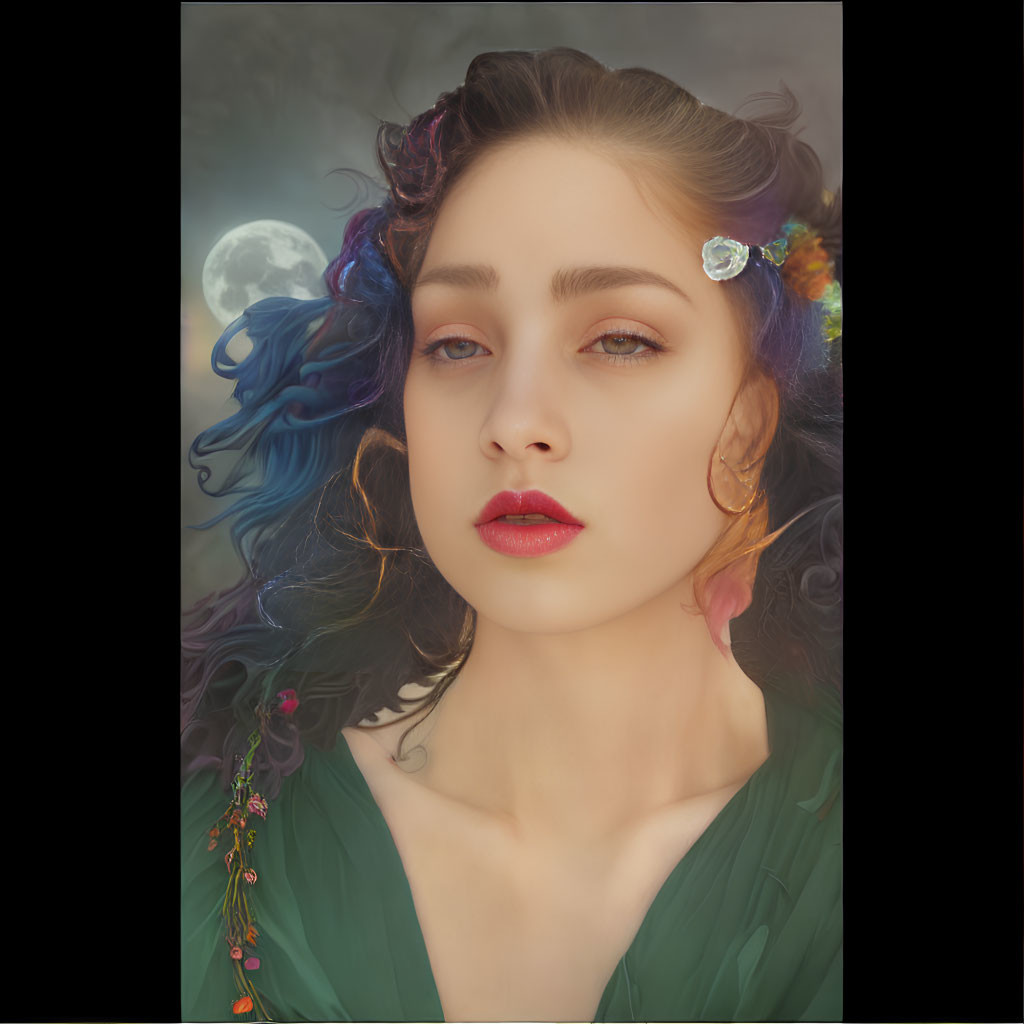 Digital art portrait of woman with multi-colored hair and floral adornment in misty moonlit setting