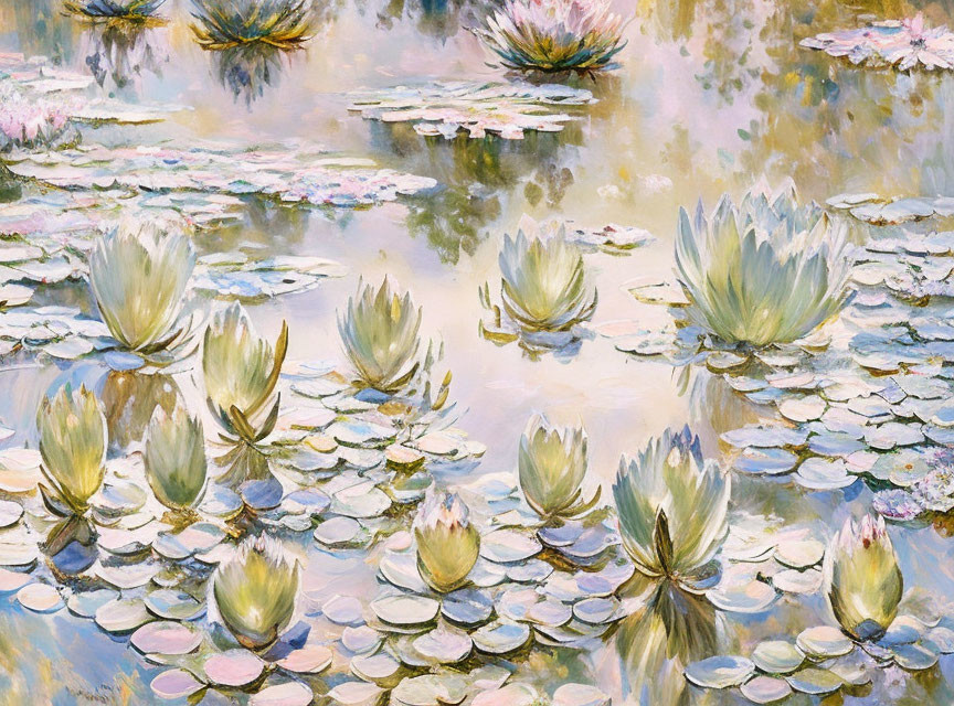 Tranquil pond with floating water lilies in soft colors