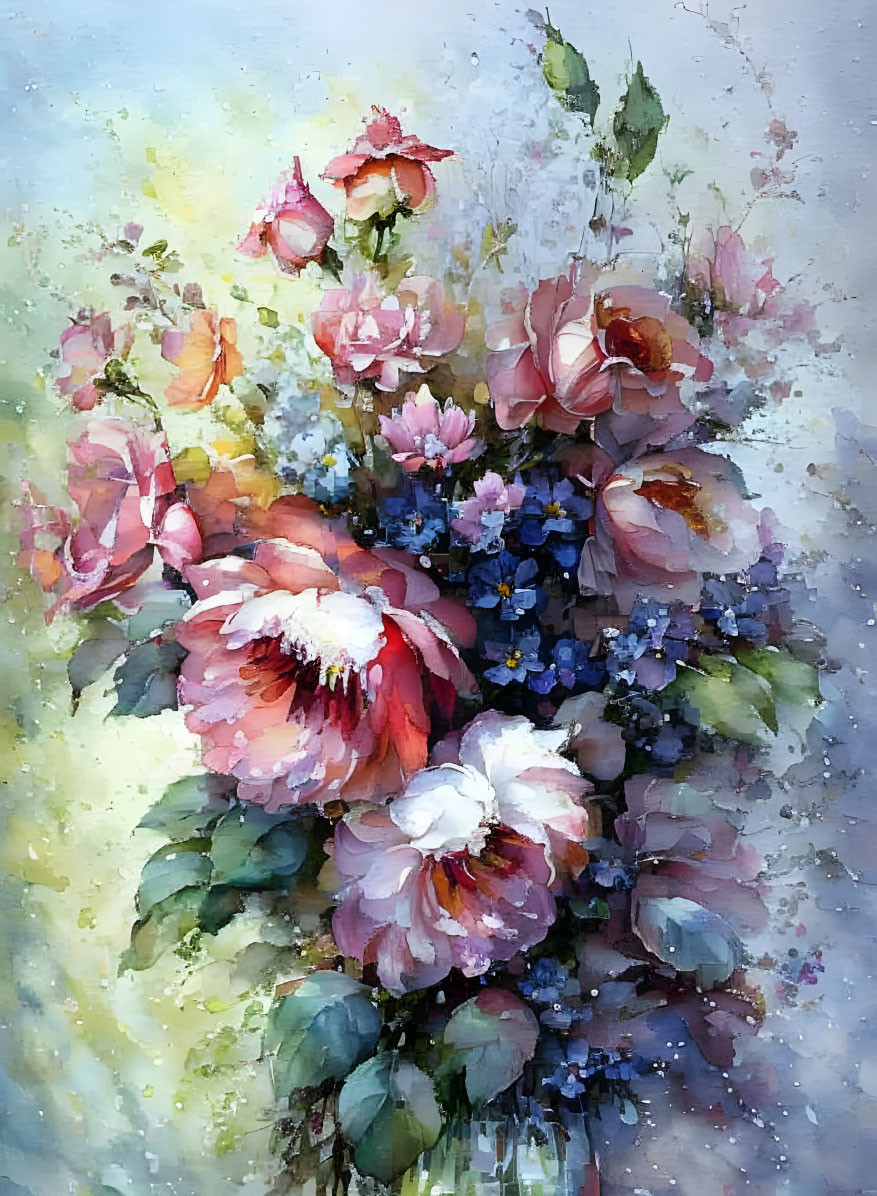 Colorful Watercolor Painting of Lush Bouquet with Roses and Flowers