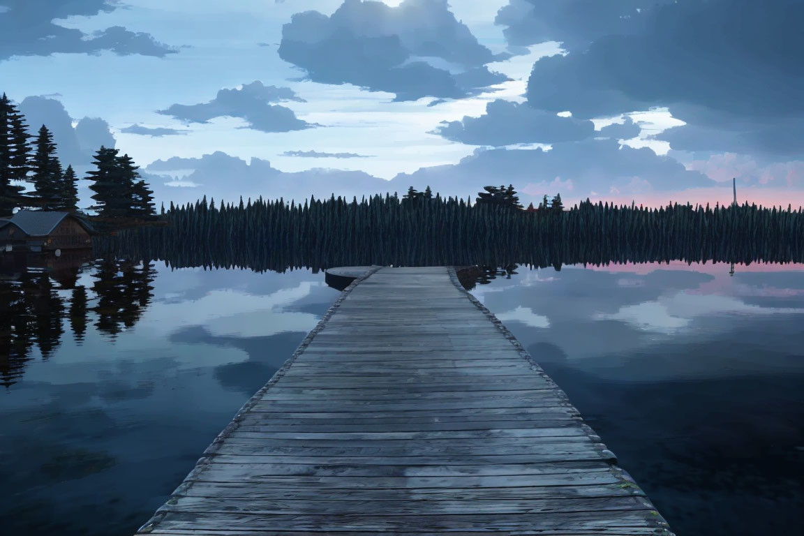 Tranquil lakeside dusk scene with wooden jetty, cabin, and silhouetted pine