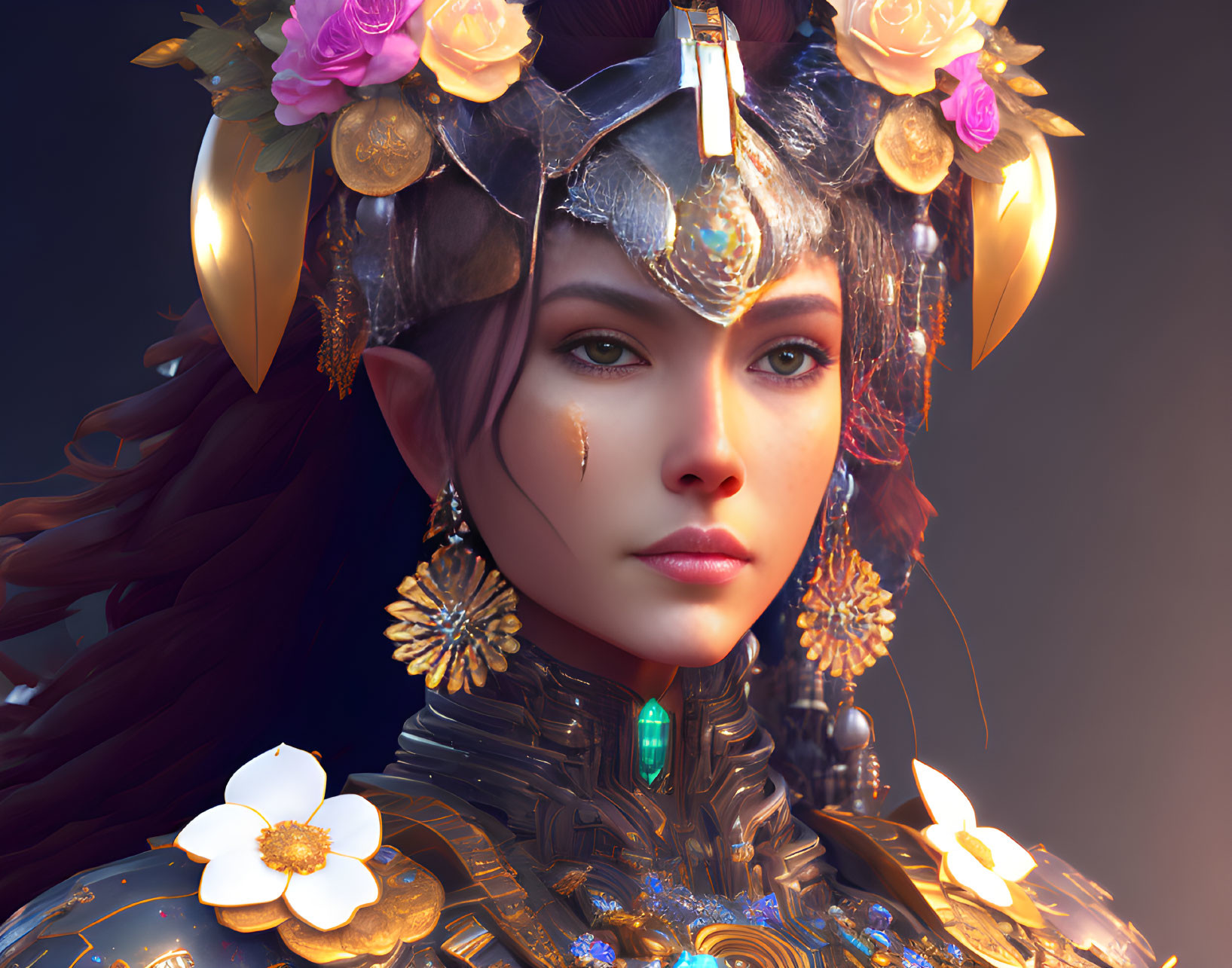 Fantasy female character with elf ears, ornate headdress, flowers, and intricate armor