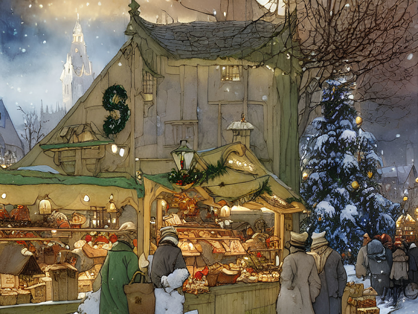 Snow-covered holiday market scene with Christmas tree and shoppers in old-world town.