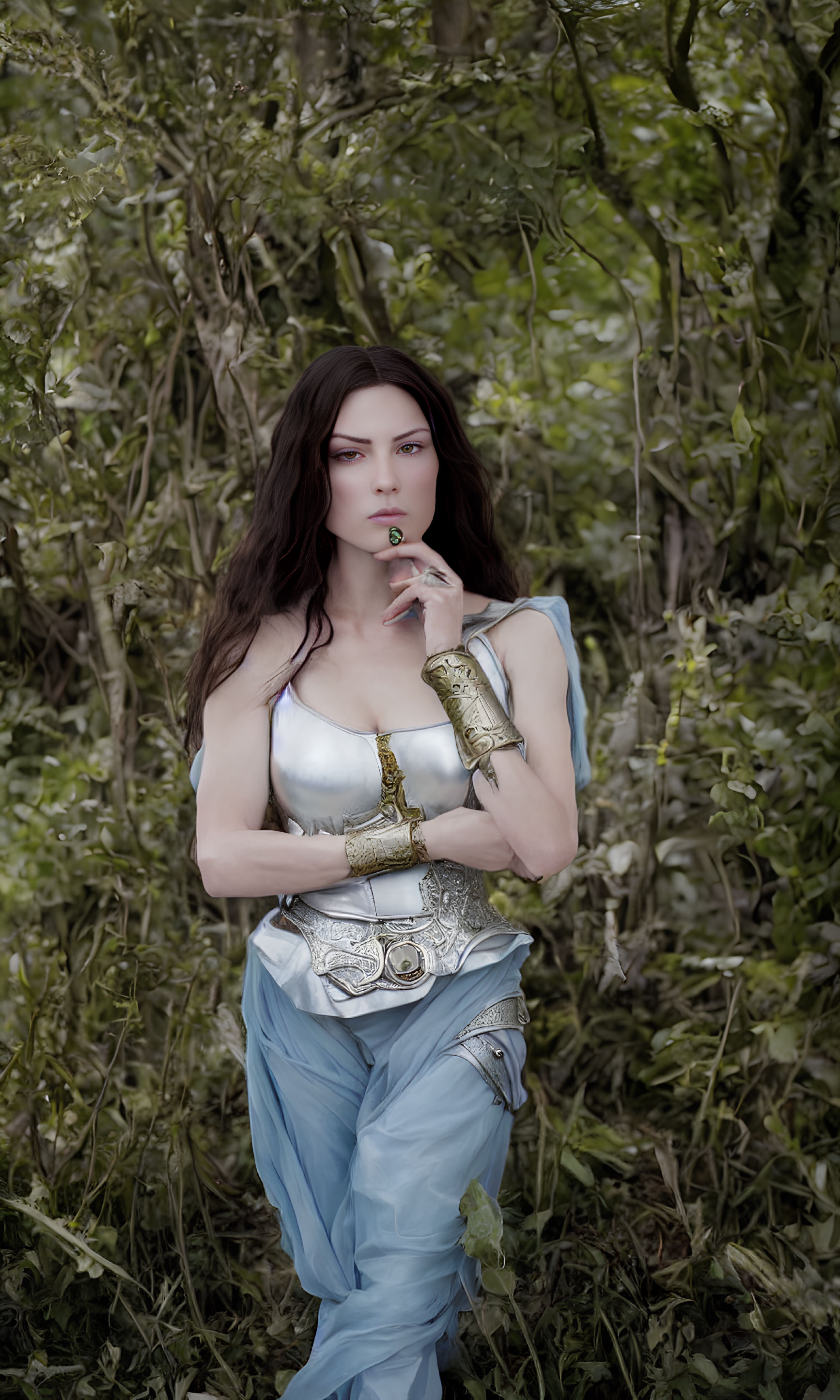 Fantasy woman in metallic arm cuffs and corset in forest