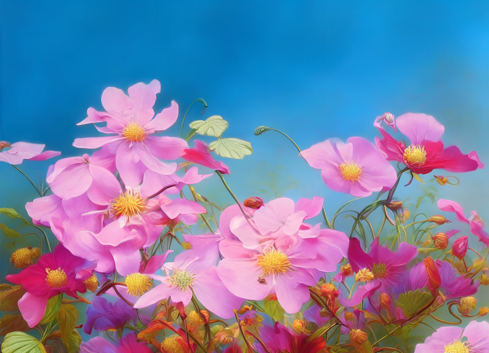 Colorful Pink Flowers with Yellow Centers on Blue Sky Background