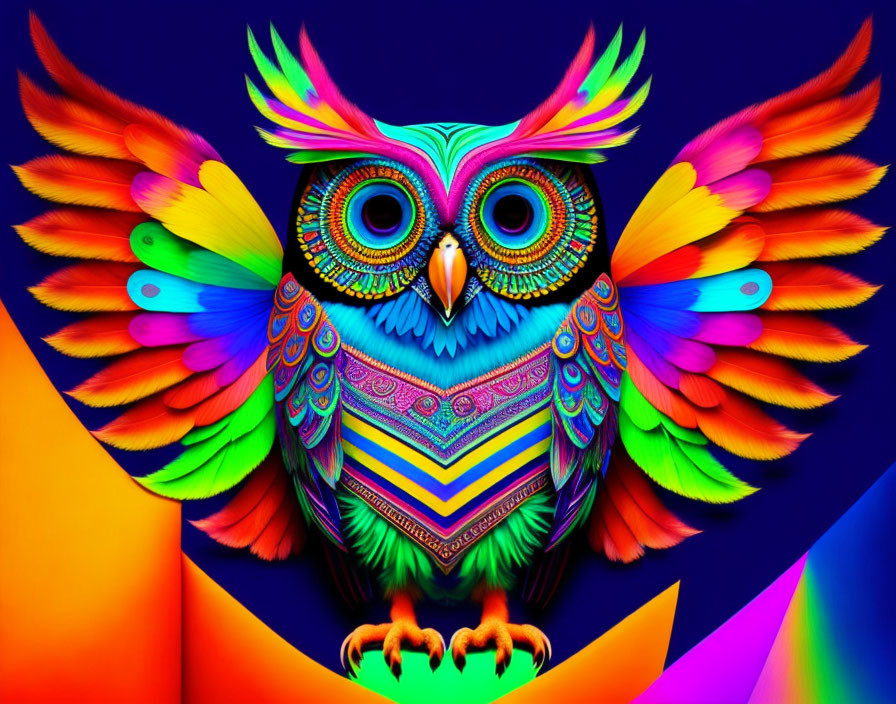 Colorful Owl Artwork with Elaborate Patterns on Feathers