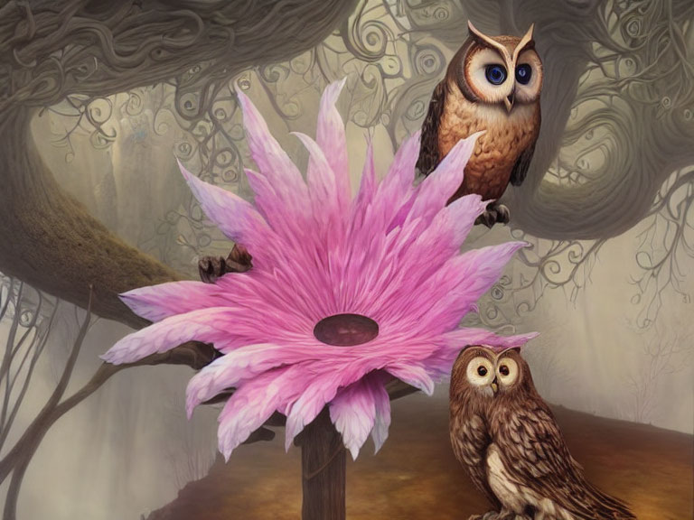 Whimsical tree branch with two owls and pink flower in mystical forest