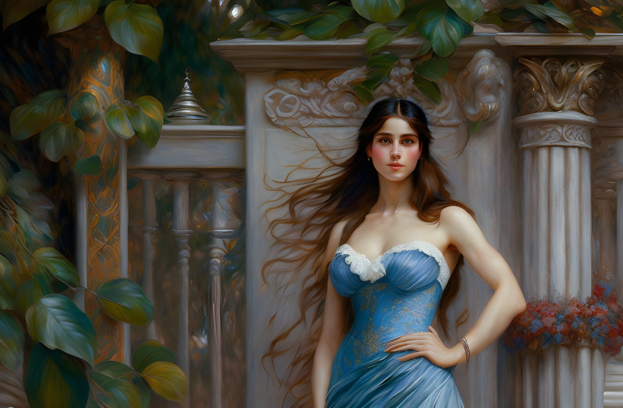 Woman in blue dress with flowing hair in classical architecture setting.