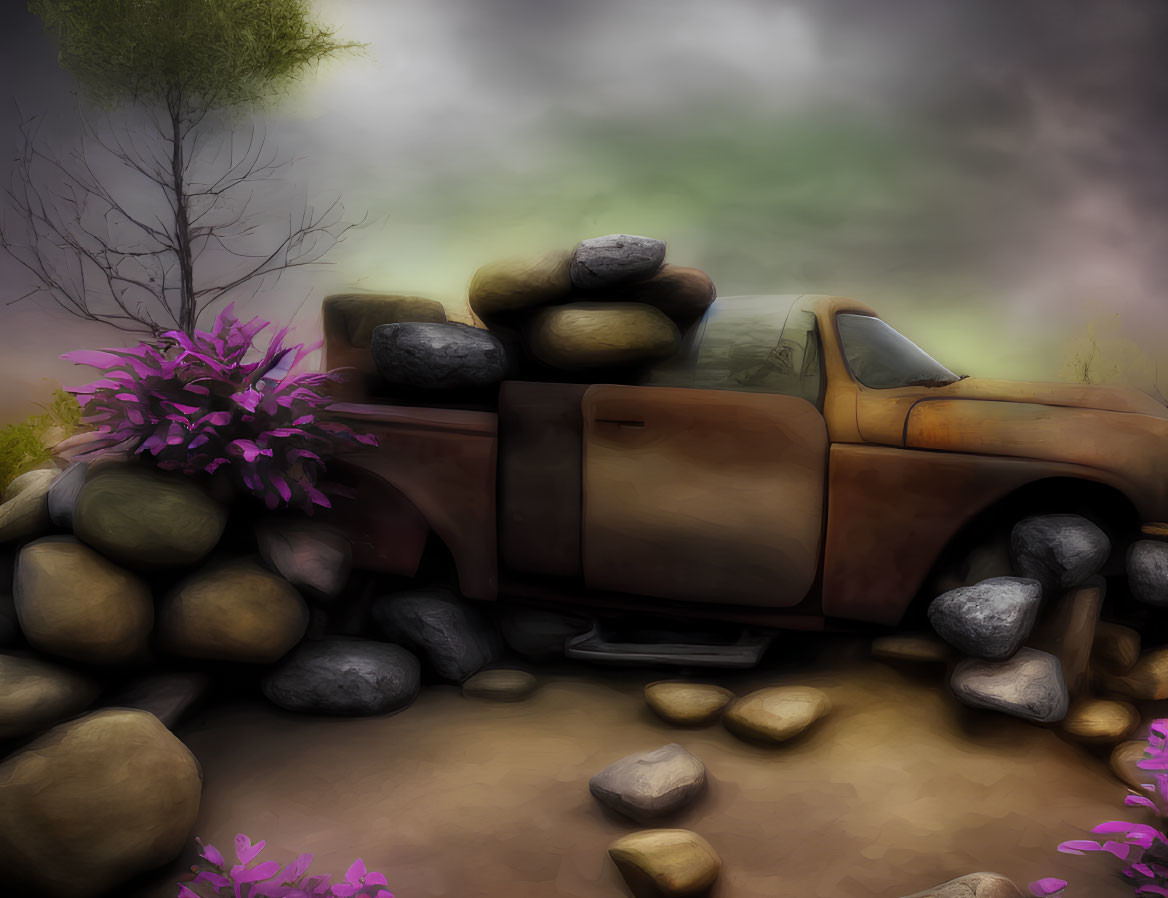 Rusty pickup truck surrounded by stones in surreal landscape