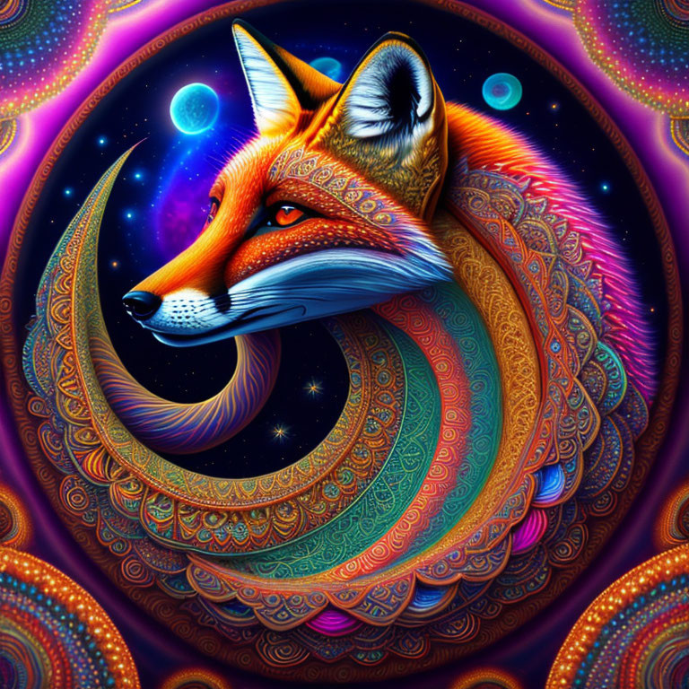 Colorful Psychedelic Fox Head Illustration with Cosmic Background