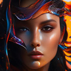 Dynamic digital artwork: Woman surrounded by orange and purple swirls