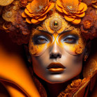 Close-up of woman with golden-orange floral headdress and ornate mask exuding mystery and elegance