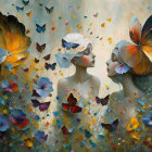 Ethereal figures with butterfly-covered eyes in vibrant floral scene