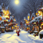 Snow-covered village at twilight with festive decorations and gentle snowfall