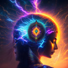 Profile of woman with glowing neon blue and purple lightning and luminescent halo.