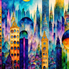 Colorful illustration: Fantastical cityscape under cosmic sky