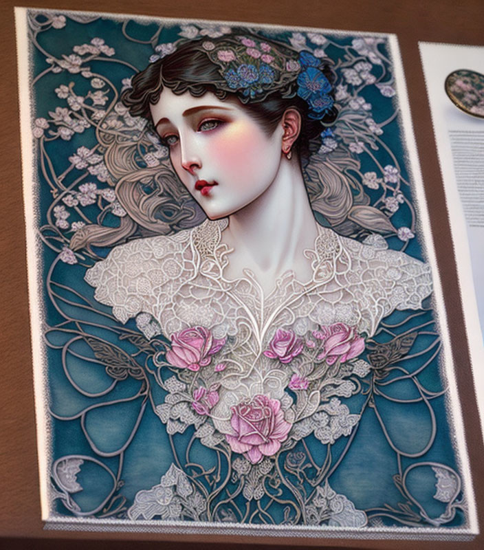 Stylized female figure art print with floral patterns and lace details