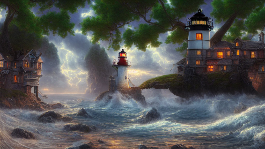 Stormy Sea with Lightning, Lighthouse, House, and Dramatic Sky