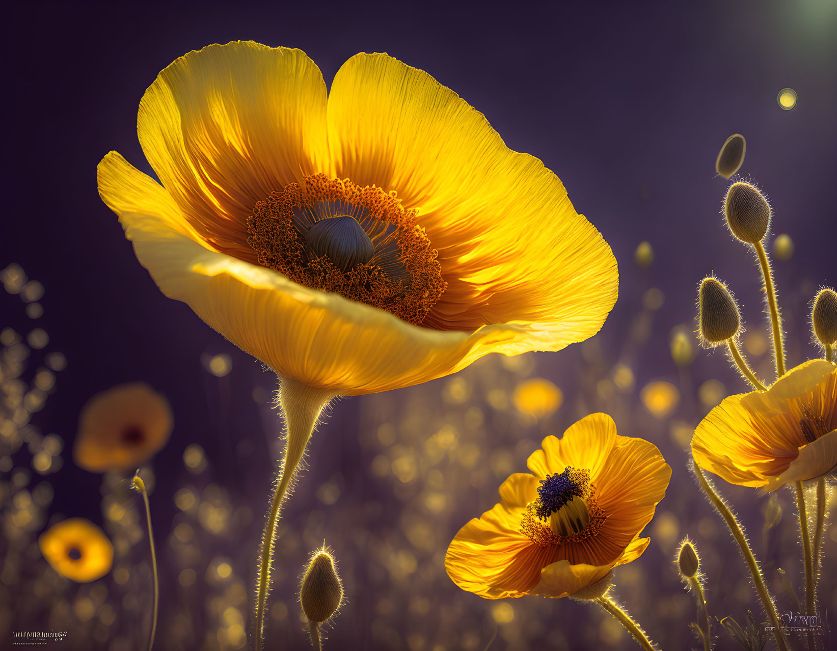 Bright yellow poppies on purple background with detailed foreground flower.