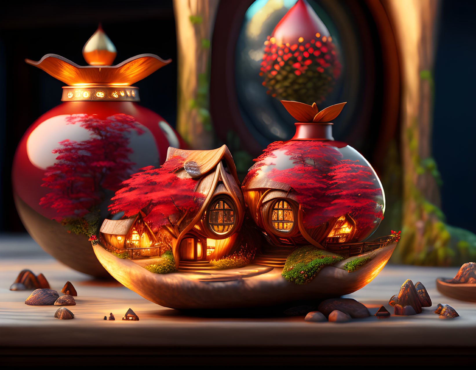 Miniature fantasy village in glowing egg-shaped orbs surrounded by acorns, framed by autumnal trees in