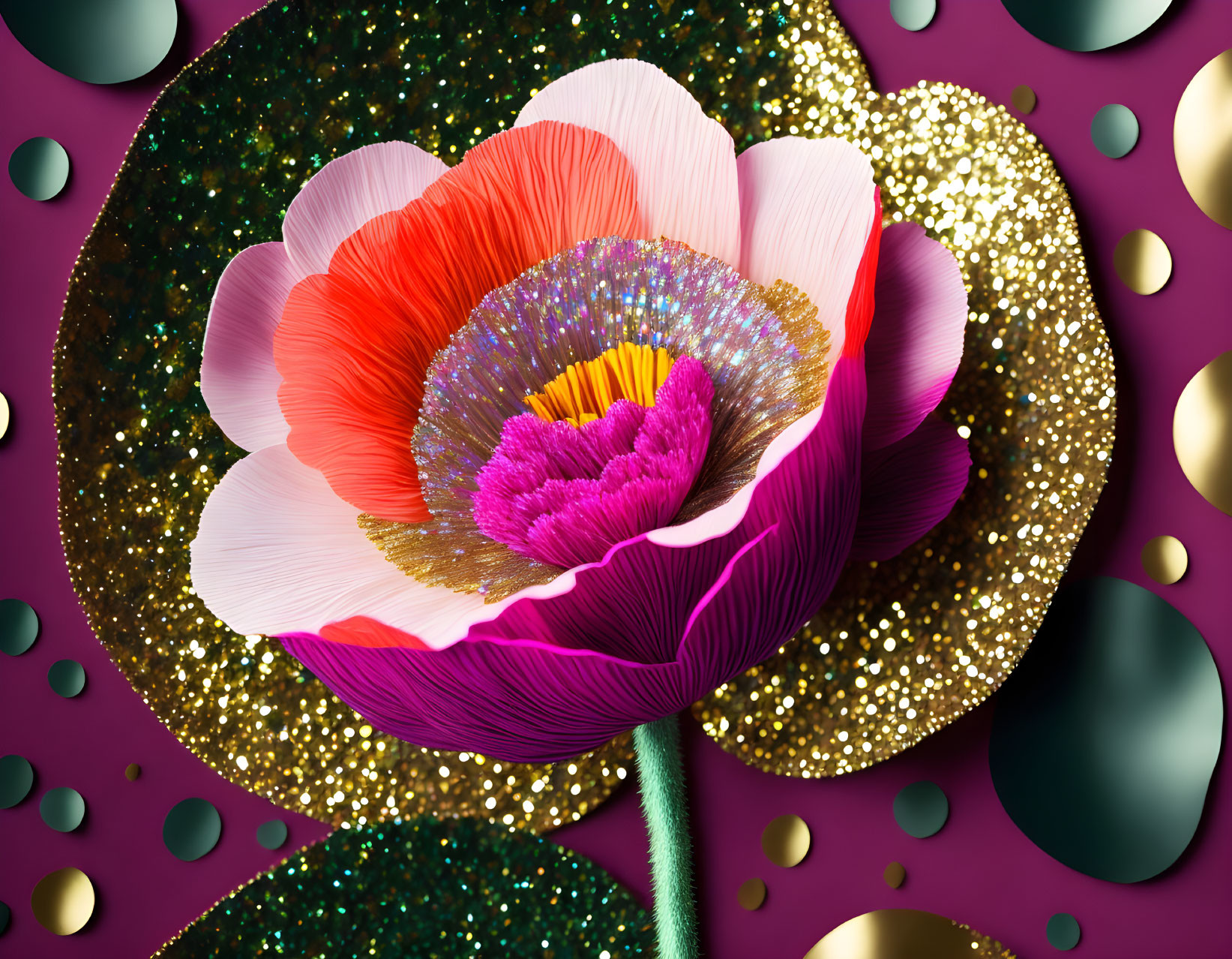 Colorful Paper Art Poppy Flower with Glitter on Purple Background