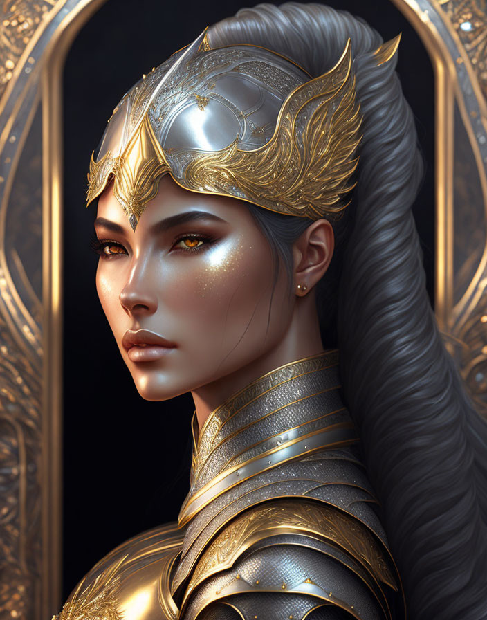 Female warrior digital artwork with gold and silver ornate helmet and armor.