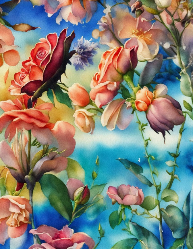 Colorful Floral Painting: Red, Peach, and Purple Blossoms on Blue Background