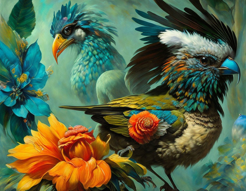 Colorful Fantasy Birds and Intricate Feathers in Floral Fantasy Scene