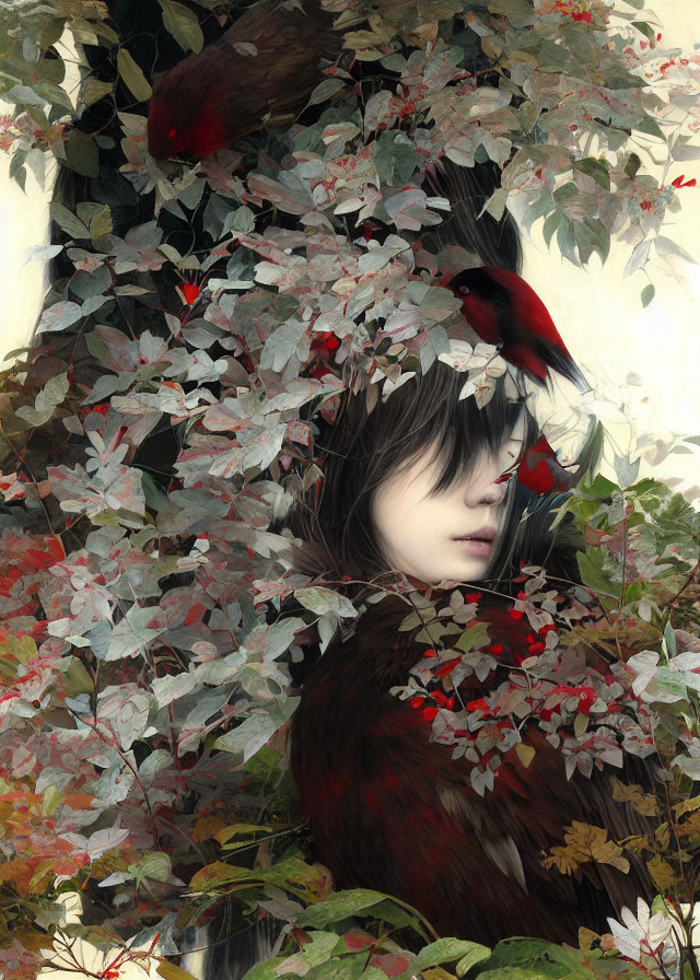 Illustration of person merging with tree, surrounded by red birds and white/red leaves