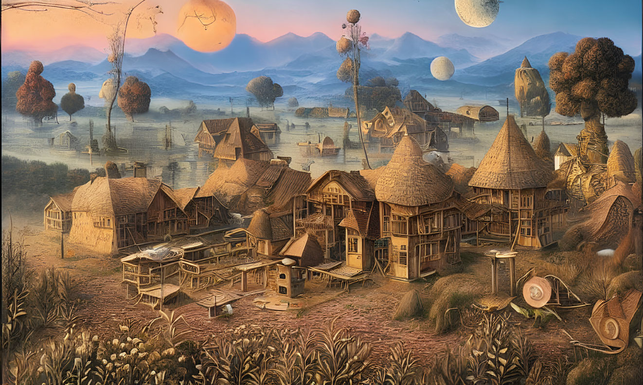 Whimsical fantasy landscape with floating islands and two moons