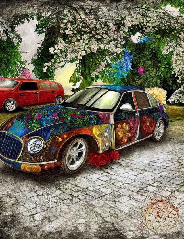 Vibrantly painted car with floral and artistic designs on cobblestone path