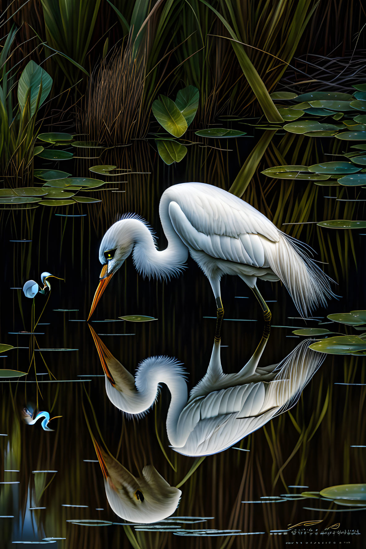 White egret standing among tall reeds at water's edge