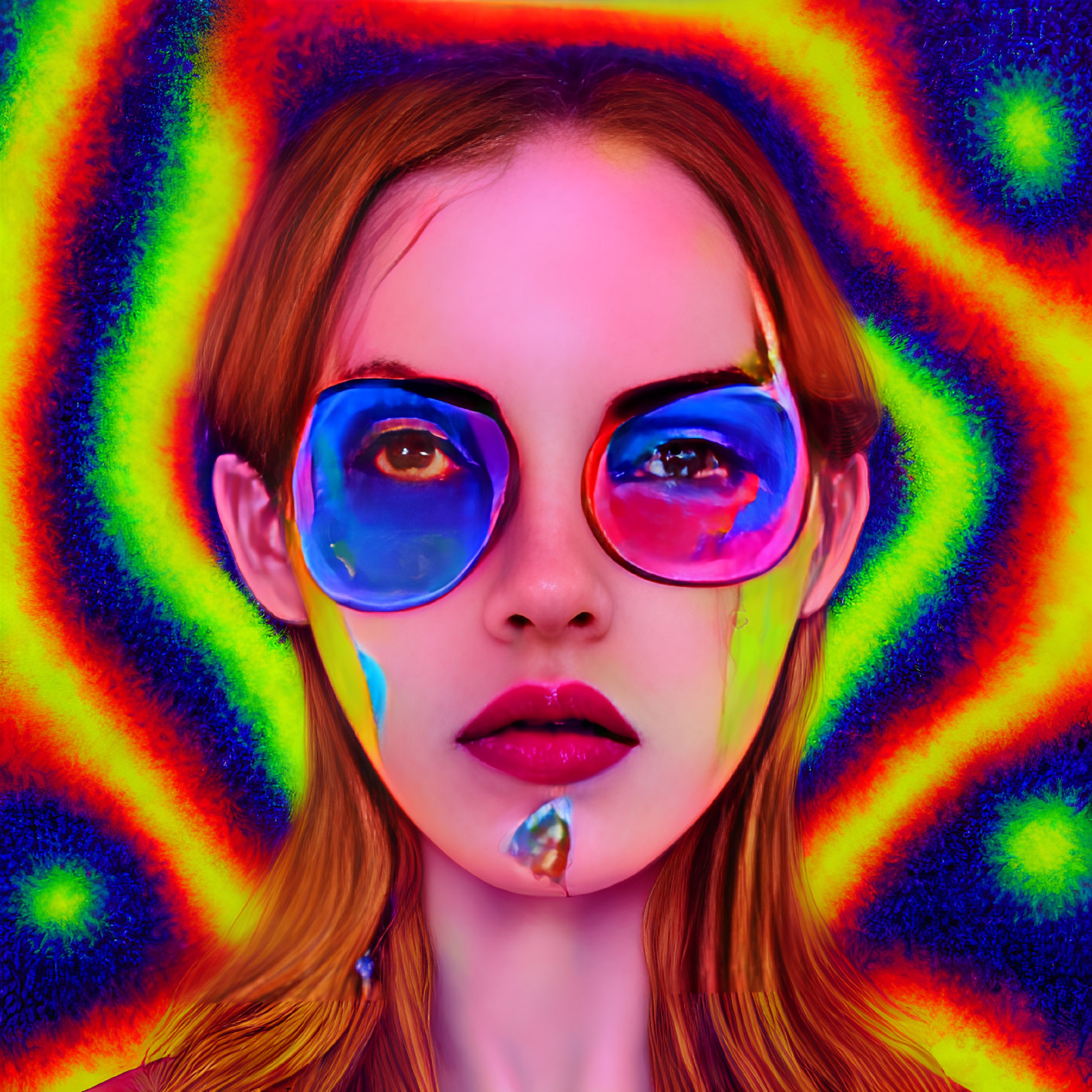 Colorful Psychedelic Patterns Woman with Reflective Round Sunglasses