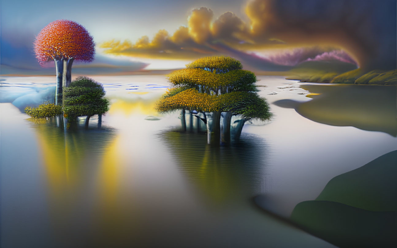 Vibrantly colored trees on islands in surreal landscape at twilight