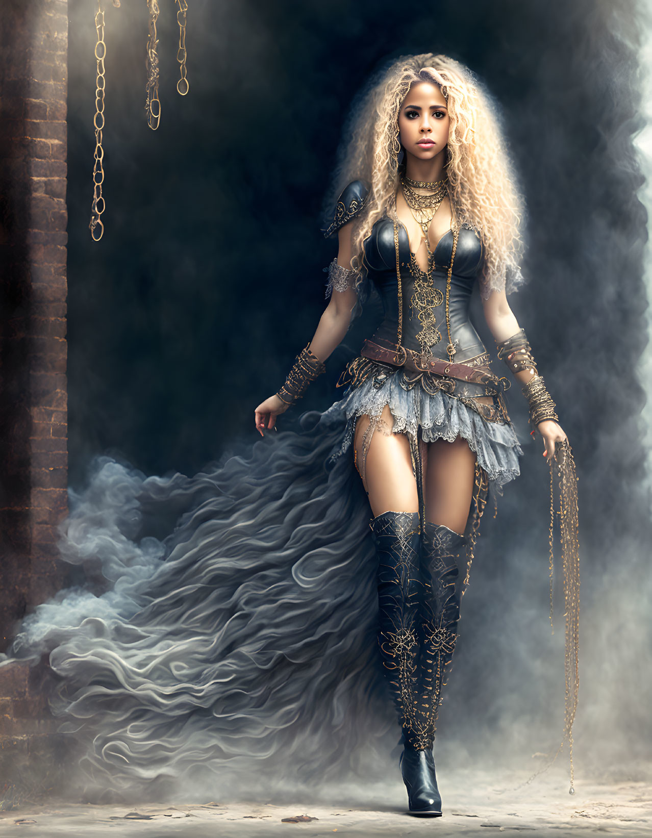 Blonde woman in fantasy warrior attire with chain accessories in misty backdrop