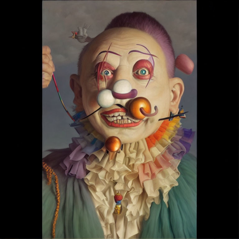 Surreal portrait of person with clown makeup and whimsical features