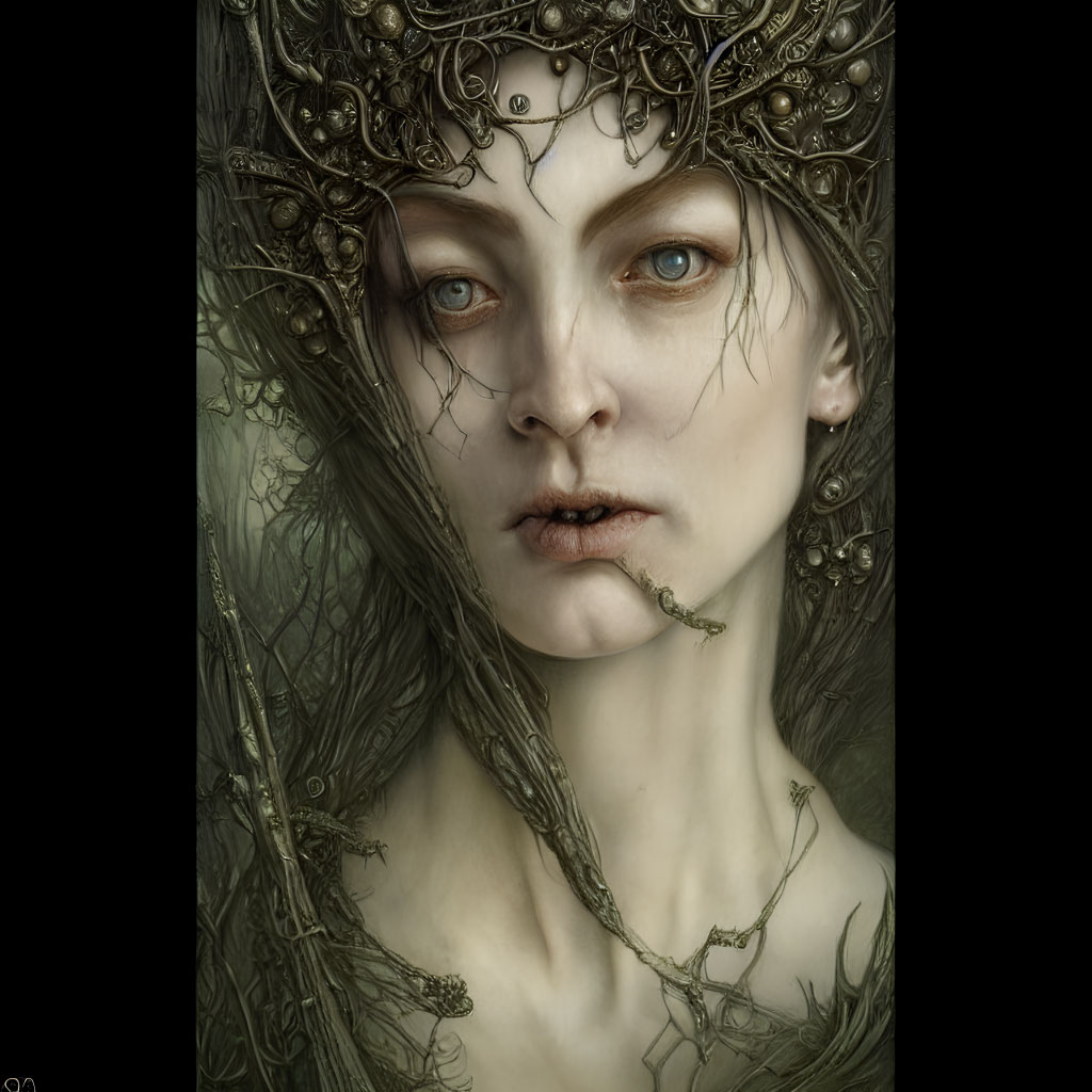 Portrait of a person with metallic headwear, tendrils, pale skin, and blue eyes