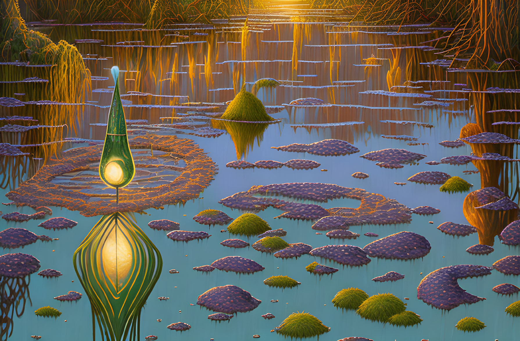 Fantasy landscape at dusk with glowing lamp, lily pads, and moss-covered stones on water.