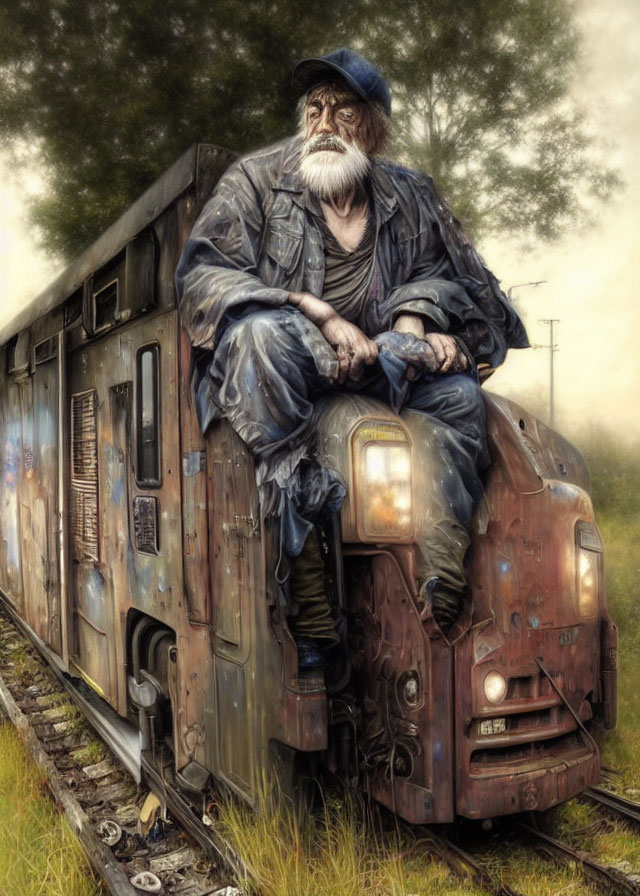 Bearded older man in hat on weathered train carriage in misty landscape