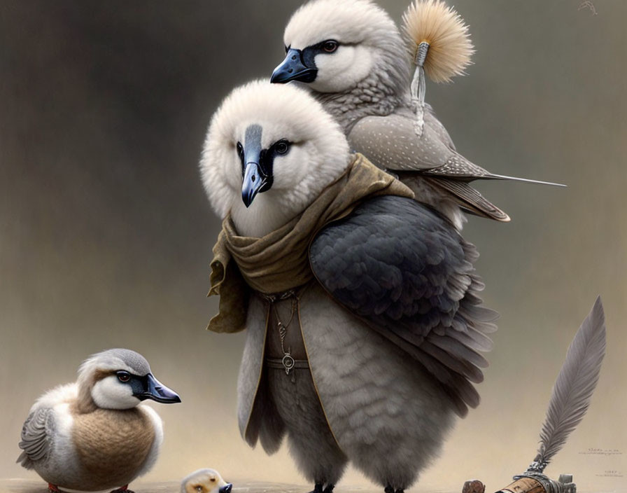 Anthropomorphized birds in vintage attire with a steampunk twist